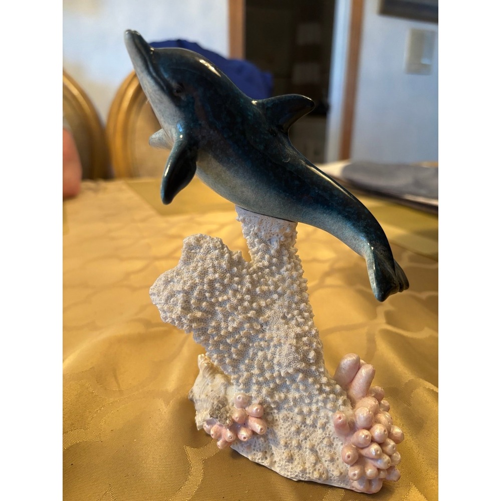 Dolphin Swimming Over Coral Reef Shell Figurine Bottlenose Rhodoliths 7 Inch